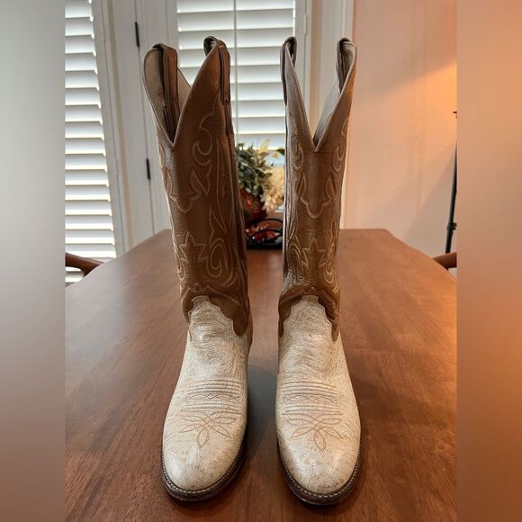 Rare Vintage Justin Cowboy Boots Cream Tan Leather Almond Toe Western Women’s 6B - Picture 2 of 11